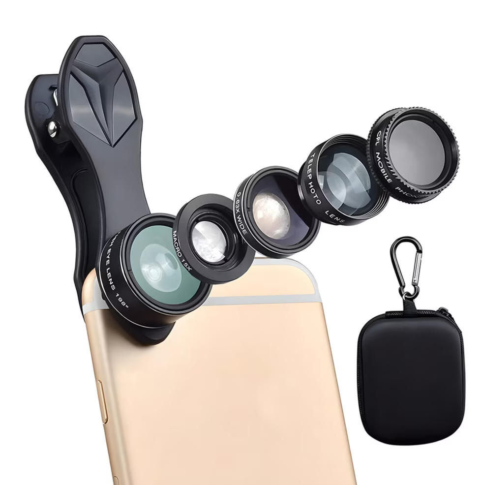 Set lentile pentru telefon 5 in 1, Zola®, plastic, universal, unghi larg. telescopic, negru Set lentile pentru telefon 5 in 1, Zola®, plastic, universal, unghi larg. telescopic, negru